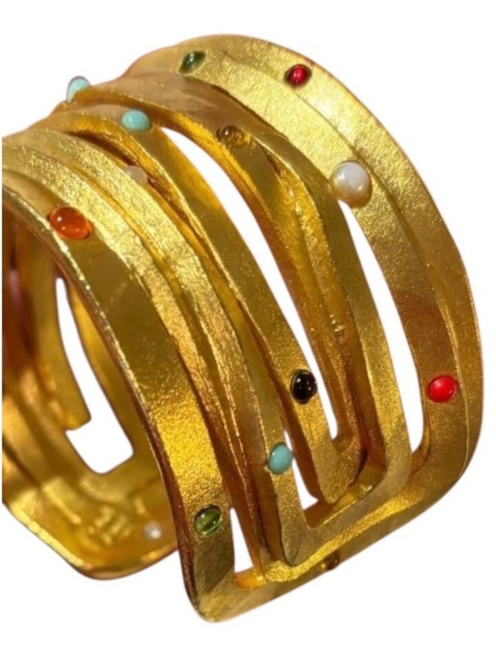 Vintage Cecile Jeanne Cuff Bracelet Gold Modernist Jewelry Paris 24K Gems Brass